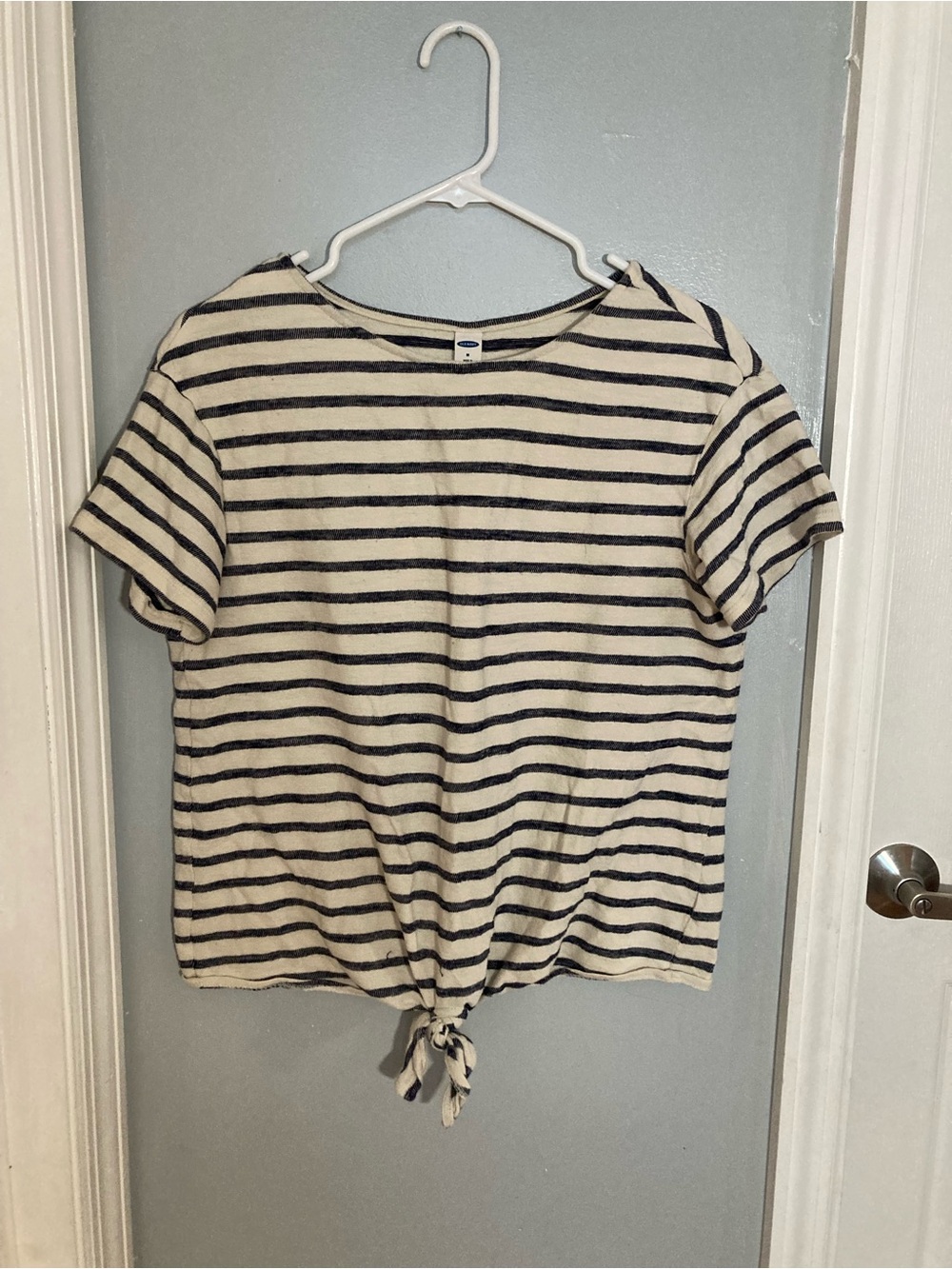 Old Navy Blue & Cream Striped Tie-Front Short Sleeve Top